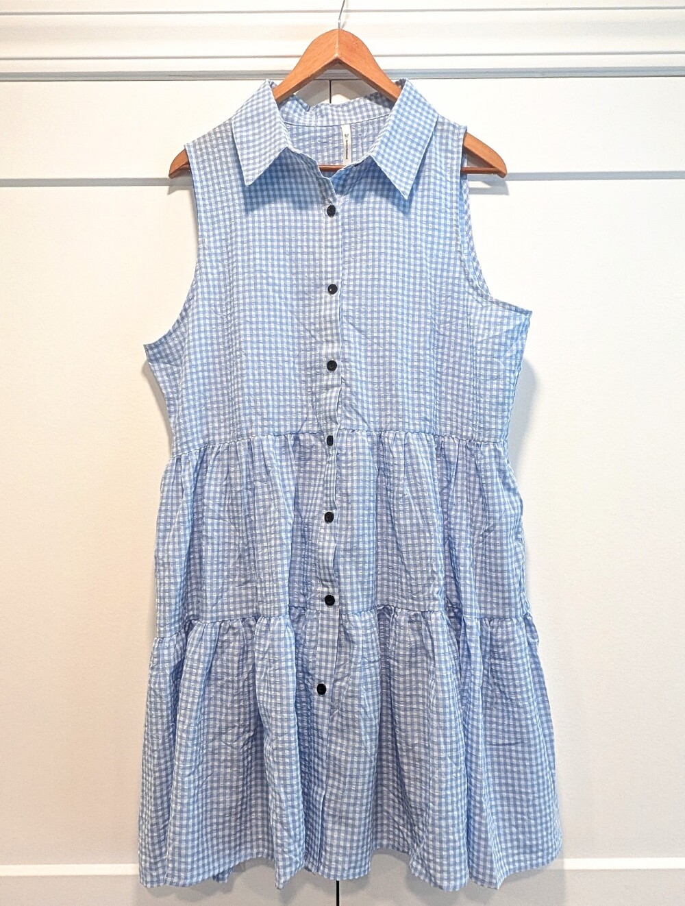 BEACHSISSI Women's Blue Gingham Button-Front Tiered Sleeveless Shirt Dress Sz XL